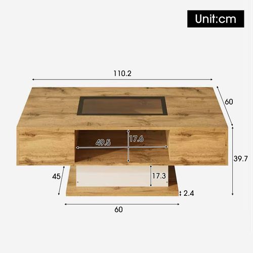 Table Basse, En Bois Avec LED, Compartiment De Rangement En Verre Et 2 Tiroirs