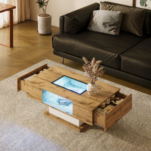 Table Basse, En Bois Avec LED, Compartiment De Rangement En Verre Et 2 Tiroirs