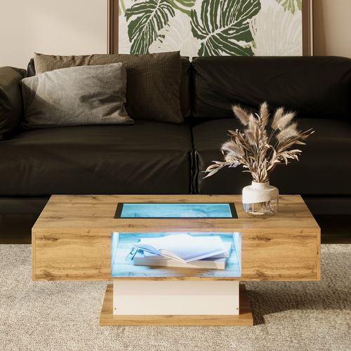 Table Basse, En Bois Avec LED, Compartiment De Rangement En Verre Et 2 Tiroirs