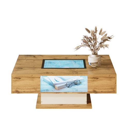 Table Basse, En Bois Avec LED, Compartiment De Rangement En Verre Et 2 Tiroirs