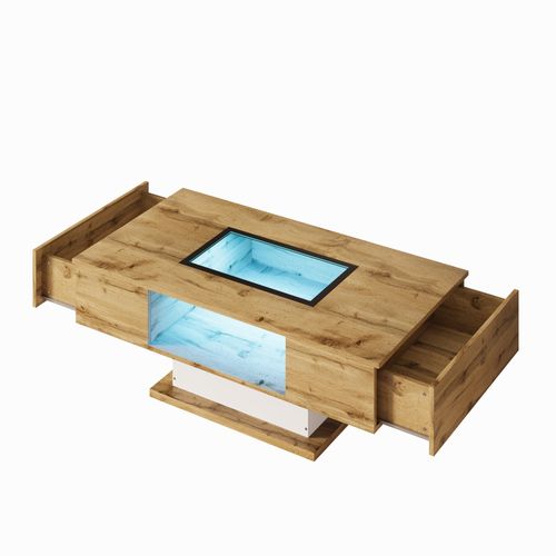Table Basse, En Bois Avec LED, Compartiment De Rangement En Verre Et 2 Tiroirs