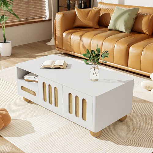 Table Basse Carrée Moderne KOMHTOM Avec 4 Tiroirs - Blanc & Noir - Rangement Intégré Pour Salon Ou Chambre