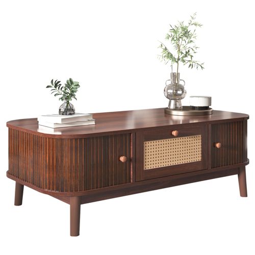 Table Basse Style Cottage 110x55x38.5cm - Table à Café Avec Tiroirs En Rotin Et Portes - Marron