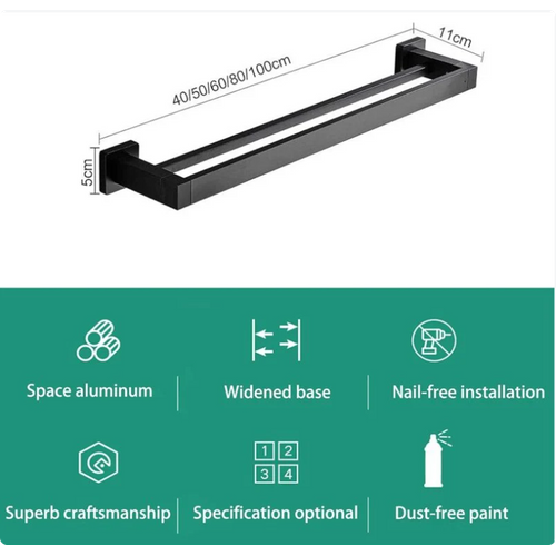 Porte-Serviettes Mural Double Barre 100 Cm Noir Mat - Acier Inoxydable - Support Salle De Bain Robuste