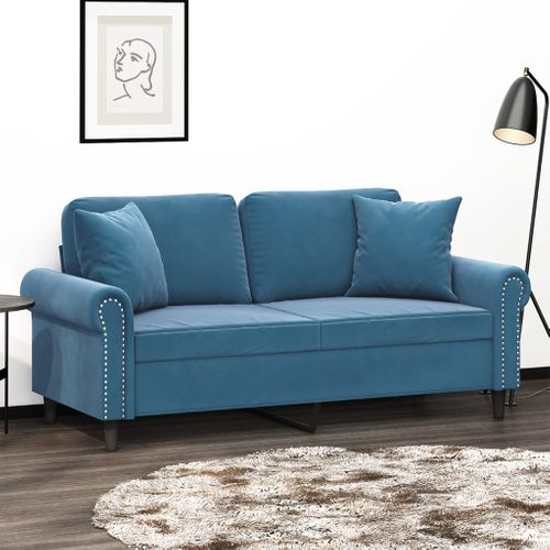 Canapé 2 Places - Canapé Fixe - Canapé Droit Avec Oreillers Décoratifs Bleu 140 Cm Velours