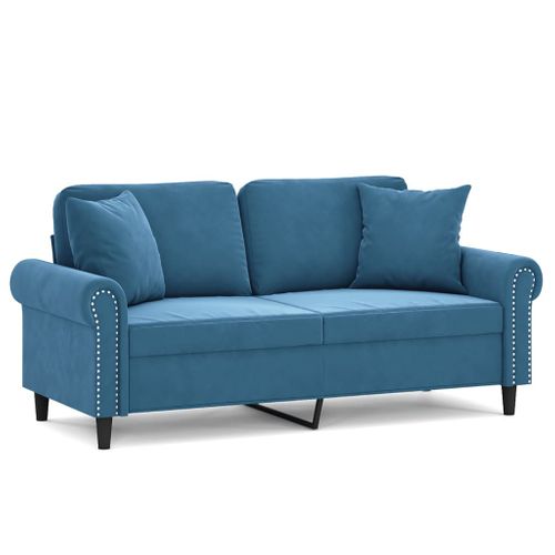 Canapé 2 Places - Canapé Fixe - Canapé Droit Avec Oreillers Décoratifs Bleu 140 Cm Velours
