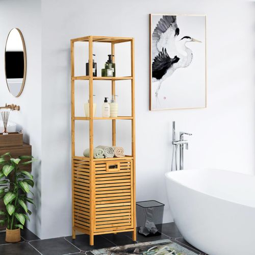 Meuble De Rangement Avec Panier à Linge Basculant Et 3 Etagères Bambou 40x33x160cm
