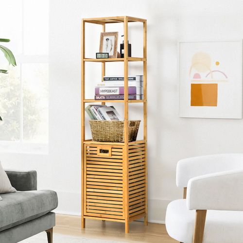 Meuble De Rangement Avec Panier à Linge Basculant Et 3 Etagères Bambou 40x33x160cm
