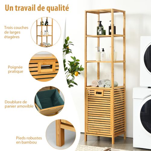 Meuble De Rangement Avec Panier à Linge Basculant Et 3 Etagères Bambou 40x33x160cm