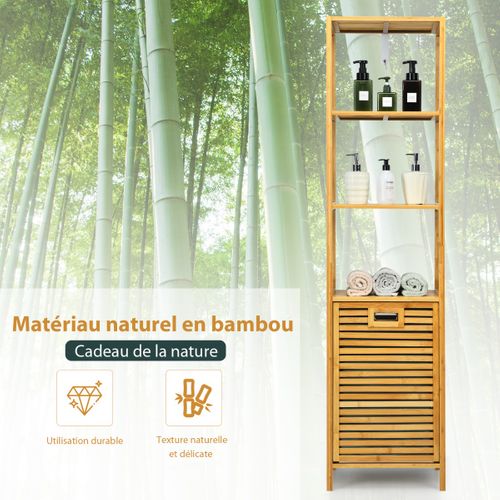 Meuble De Rangement Avec Panier à Linge Basculant Et 3 Etagères Bambou 40x33x160cm