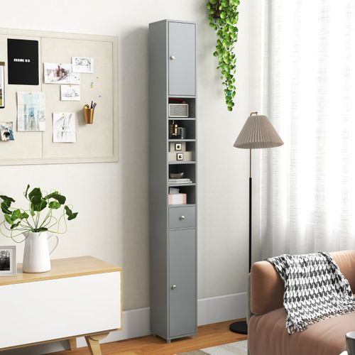 Colonne, Meuble De Rangement Avec 2 Porte 1 Tiroir Et 5 Étagères Réglables 20x20x180cm Gris