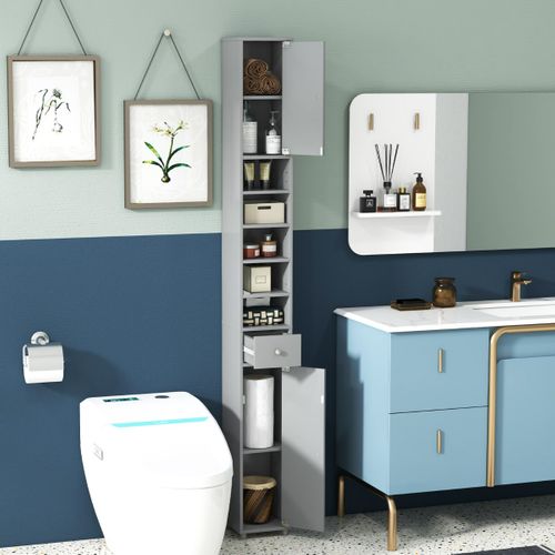 Colonne, Meuble De Rangement Avec 2 Porte 1 Tiroir Et 5 Étagères Réglables 20x20x180cm Gris