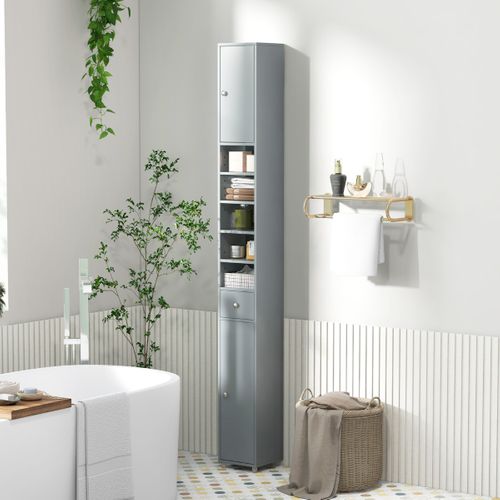 Colonne, Meuble De Rangement Avec 2 Porte 1 Tiroir Et 5 Étagères Réglables 20x20x180cm Gris