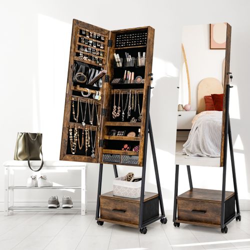 Armoire à Bijoux à Roulettes Avec Miroir Et Tiroir Porte Verrouillable Blanc 42x38x157cm Marron