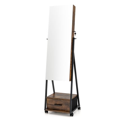 Armoire à Bijoux à Roulettes Avec Miroir Et Tiroir Porte Verrouillable Blanc 42x38x157cm Marron