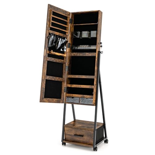 Armoire à Bijoux à Roulettes Avec Miroir Et Tiroir Porte Verrouillable Blanc 42x38x157cm Marron