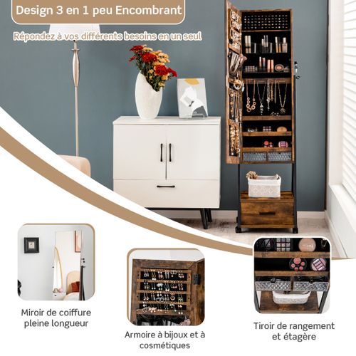 Armoire à Bijoux à Roulettes Avec Miroir Et Tiroir Porte Verrouillable Blanc 42x38x157cm Marron