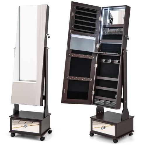 Armoire à Bijoux Sur Pied Avec Miroir Verrouillables LED Tiroir Serrure Et Clé 42x35x159cm Brun