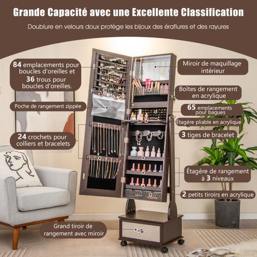 Armoire à Bijoux Sur Pied Avec Miroir Verrouillables LED Tiroir Serrure Et Clé 42x35x159cm Brun