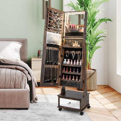 Armoire à Bijoux Sur Pied Avec Miroir Verrouillables LED Tiroir Serrure Et Clé 42x35x159cm Marron