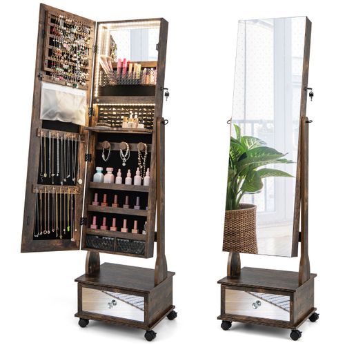 Armoire à Bijoux Sur Pied Avec Miroir Verrouillables LED Tiroir Serrure Et Clé 42x35x159cm Marron