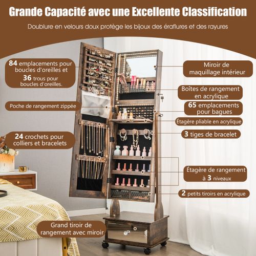 Armoire à Bijoux Sur Pied Avec Miroir Verrouillables LED Tiroir Serrure Et Clé 42x35x159cm Marron