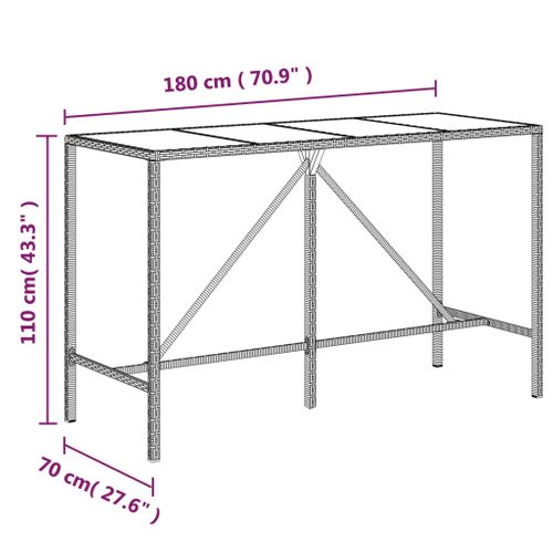 Table De Bar En Poly Rotin Et Verre Noir - 180x70x110 Cm