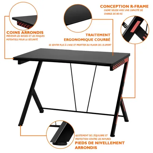 Bureau Gaming Bureau Gamer - 116x75x77 Cm Cadre En Métal Avec Repose-pieds Réglables