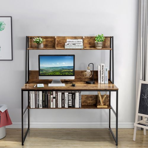 Bureau D'ordinateur Bureau D'étude Avec Niche Et Bibliothèque 120x57x140cm Café