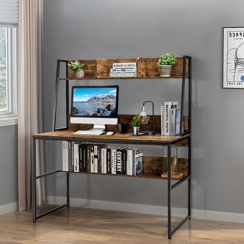 Bureau D'ordinateur Bureau D'étude Avec Niche Et Bibliothèque 120x57x140cm Café