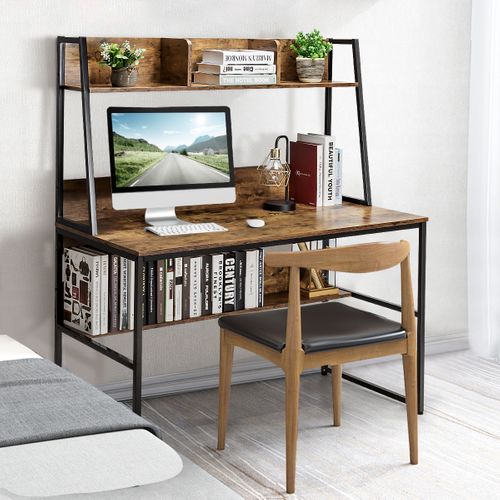 Bureau D'ordinateur Bureau D'étude Avec Niche Et Bibliothèque 120x57x140cm Café