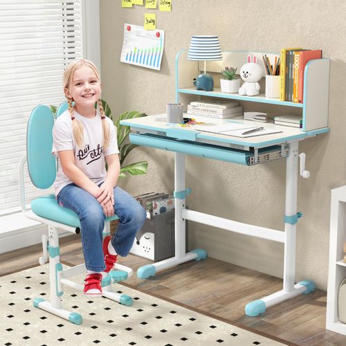 Bureau D'etude Pour Enfants Réglable En Hauteur Plateau Inclinable Avec Huche 80x51x81,5-104cm Bleu