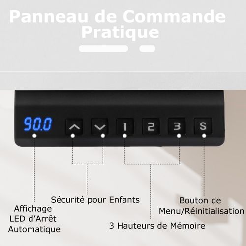 Bureau Electrique, Bureau D'ordinateur Avec 3 Réglages De Hauteur à Mémoire 120x60x73-122cm Blanc