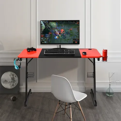 Bureau Gaming Bureau Gamer Bureau D'ordinateur Avec Porte-gobelet Crochet 120x60x76cm Noir+rouge