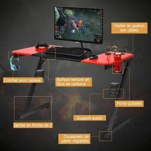 Bureau Gaming Bureau Gamer Bureau D'ordinateur Avec Porte-gobelet Crochet 120x60x76cm Noir+rouge