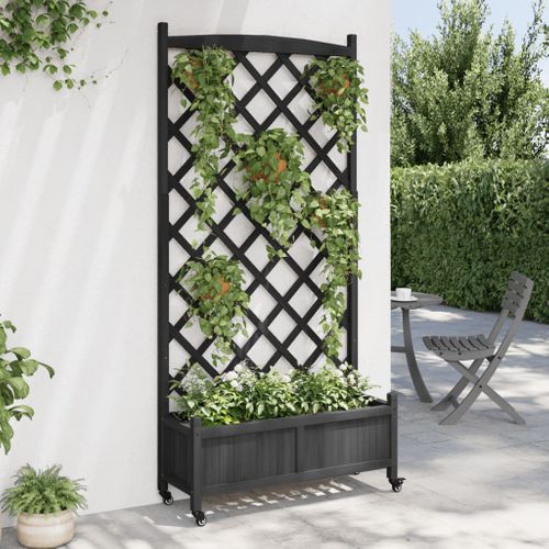 Jardinière, Bac à Fleurs, Pot De Fleurs Avec Treillis Et Roues Noir Bois Massif De Sapin