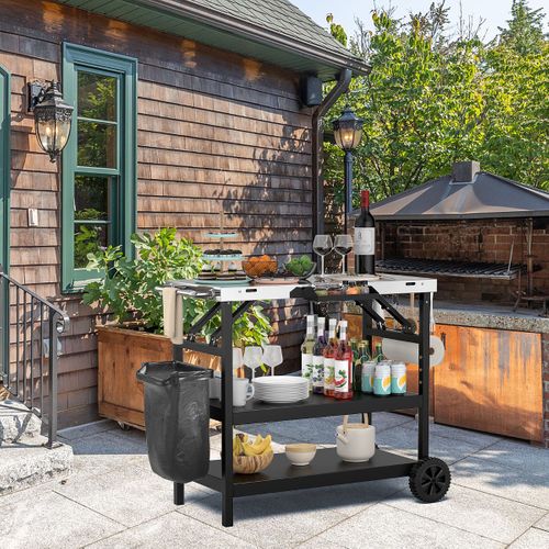 Desserte D'extérieur à Roulettes - Desserte De Jardin - Chariot De Cuisine 3 Étagères Réglable Noir