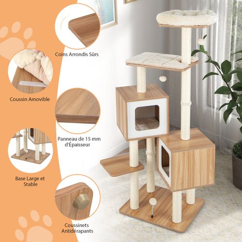 Arbre à Chat En Bois 163 Cm Avec 3 Plateformes Griffoirs Perchoir Coussins Lavables Naturel