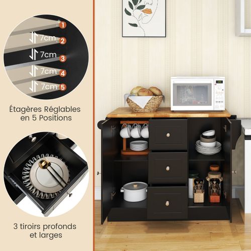 Desserte De Cuisine, Buffet De Cuisine Avec Roues Cachée Porte-serviettes 127x46x91cm Noir