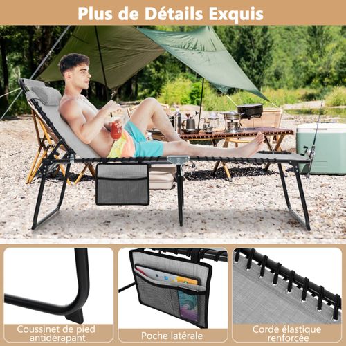 Transat Pliant, Bain De Soleil, Chaise Longue Réglable Avec Appuie-tête Amovible Gris