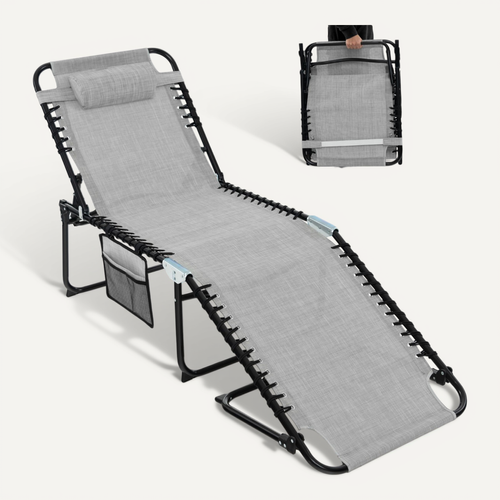 Transat Pliant, Bain De Soleil, Chaise Longue Réglable Avec Appuie-tête Amovible Gris