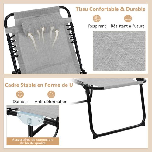 Transat Pliant, Bain De Soleil, Chaise Longue Réglable Avec Appuie-tête Amovible Gris