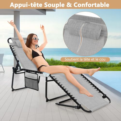 Transat Pliant, Bain De Soleil, Chaise Longue Réglable Avec Appuie-tête Amovible Gris
