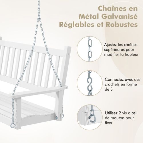 Balancelle De Porche En Bois Pour 2 Personnes Banc Suspendu Robuste Capacité 230 Kg Chaînes
