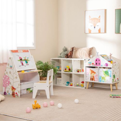 Bibliothèque Enfant En Forme De Maison COSTWAY - 62x30x72cm, Bois MDF, 4 Niches, 2 Bacs, Rangement Jouets Et Livres