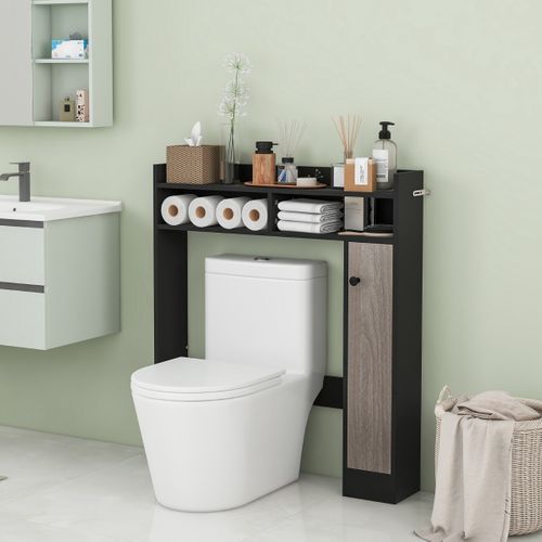 Meuble De Toilette Wc, Étagère De Toilette Avec 2 Compartiments Et 1 Porte Étagères Réglables Noir