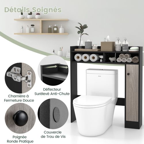 Meuble De Toilette Wc, Étagère De Toilette Avec 2 Compartiments Et 1 Porte Étagères Réglables Noir
