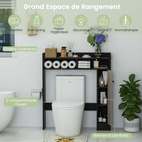 Meuble De Toilette Wc, Étagère De Toilette Avec 2 Compartiments Et 1 Porte Étagères Réglables Noir