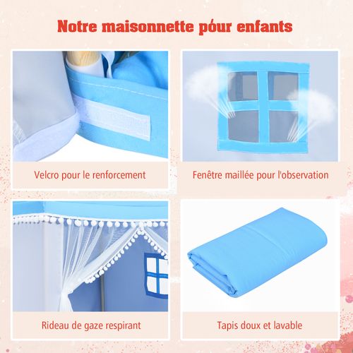 Tente De Jeu - Tente Pour Enfants Château Intérieur Cadre En Bois Couverture En Coton Bleu