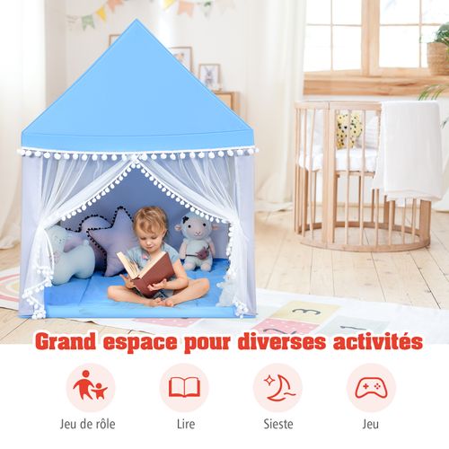 Tente De Jeu - Tente Pour Enfants Château Intérieur Cadre En Bois Couverture En Coton Bleu